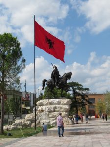 Skenderbej Square Tirana with flag